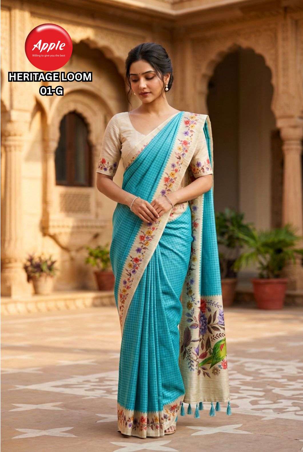 APPLE HERITAGE LOOM VOL 1 SOFT SILK FABRIC WITH BEAUTIFUL CHECK PATTEN ON SAREE BEST RATE